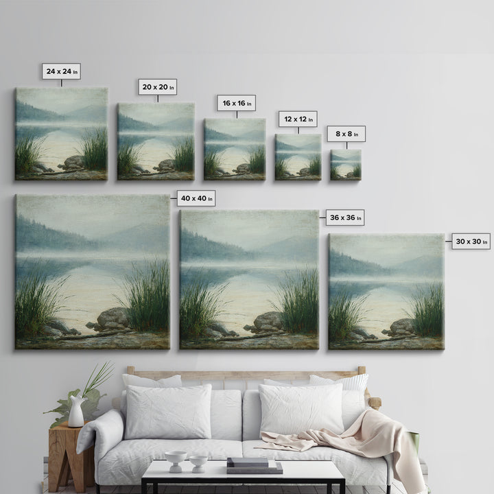 Misty Mountain Lake Framed Canvas Print, Nature Art, Fine Art Print, Living Room Decor, Watercolor Art, Nature, Poster, NAT-1x1-53