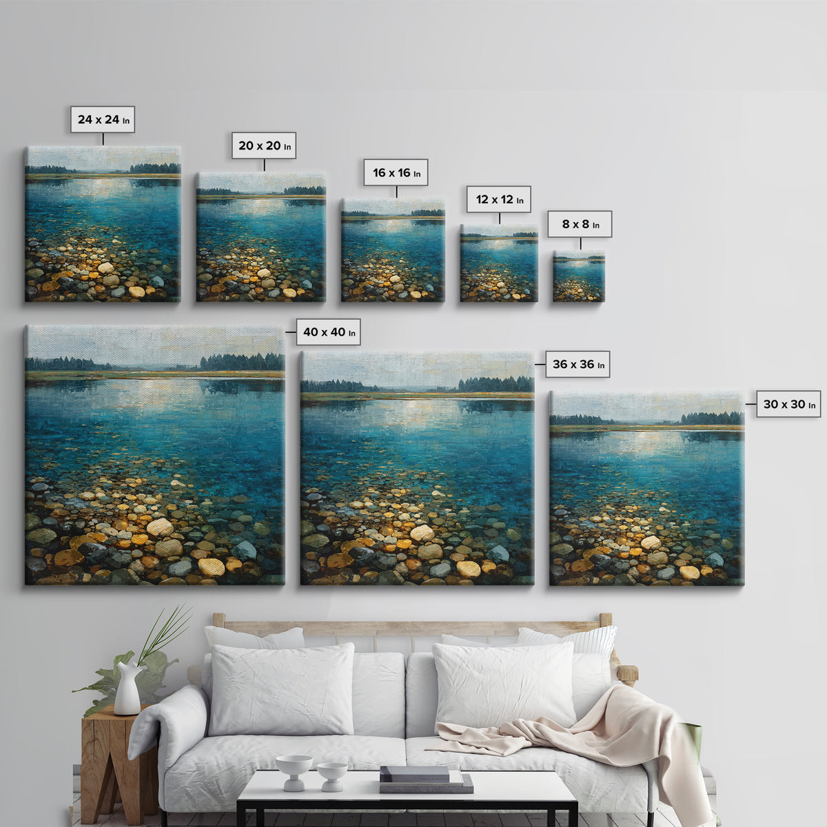 River Stones under Clear Shallow Water Framed Canvas Print, Nature Art, Mountain Art, Living Room Decor, Oil Painting, Nature, NAT-1x1-61