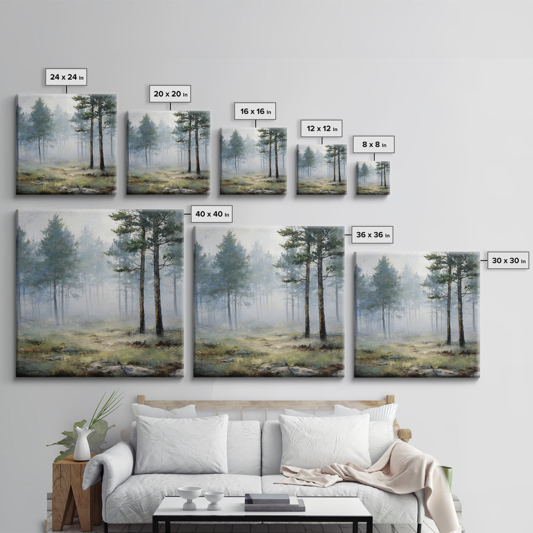 Moody Pine Forest Framed Canvas Print, Nature Art, Gallery Decor, Living Room Decor, Oil Painting, Nature, Contemporary Art, NAT-1x1-65