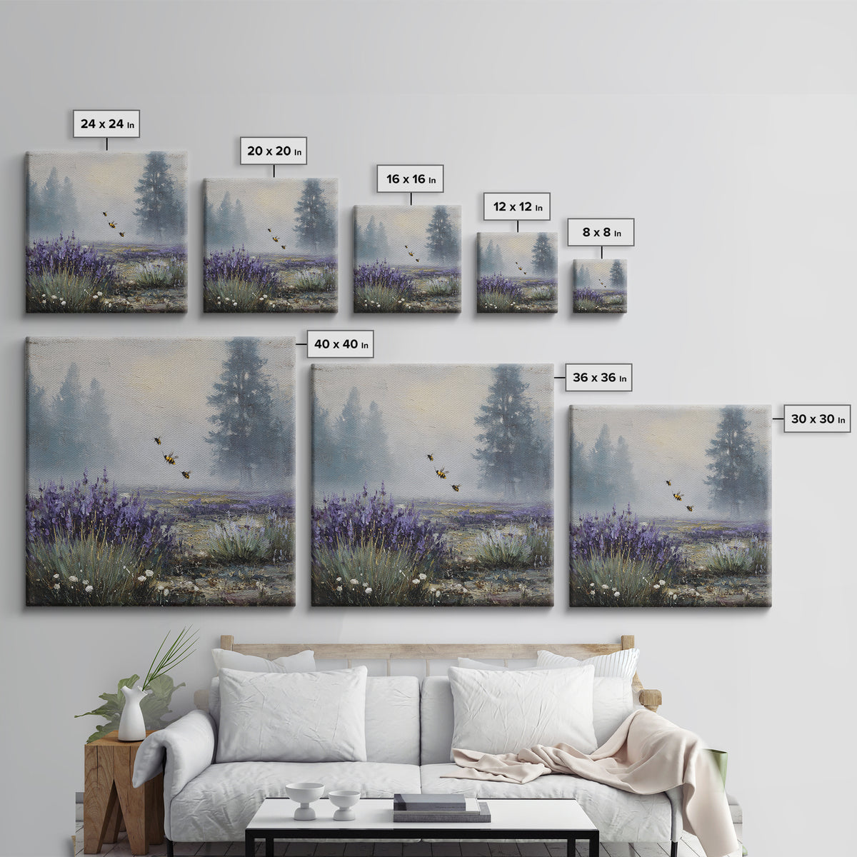 Bees Circling Lavender Blossoms Framed Canvas Print, Nature Art, Ocean Art, Living Room Decor, Fine Art, Nature, Art Print, NAT-1x1-71