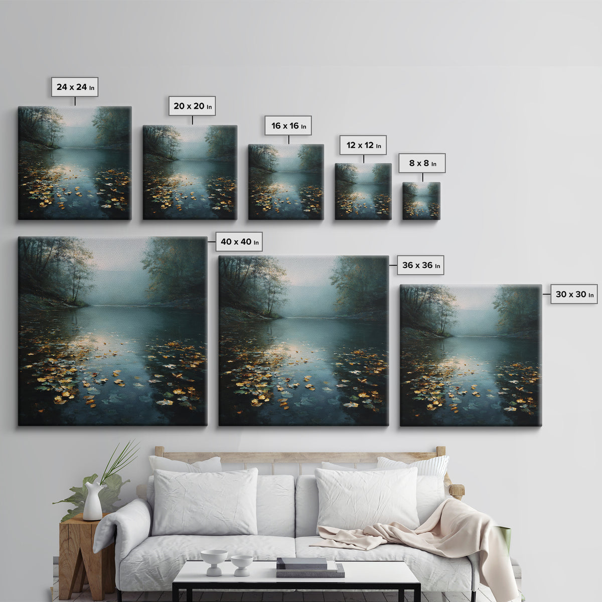 Autumn Leaves Floating on Quiet Stream Framed Canvas Print, Nature Art, Gallery Decor, Living Room Decor, Fine Art, Nature, NAT-1x1-78