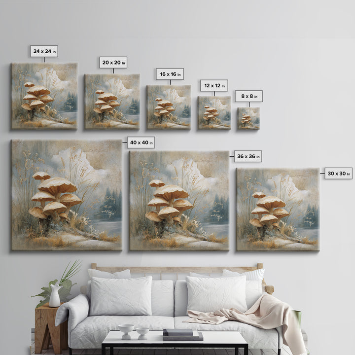Mushroom Cluster in Enchanted Woodland Framed Canvas Print, Nature Art, Fine Art Print, Living Room Decor, Oil Painting, Nature, NAT-1x1-79