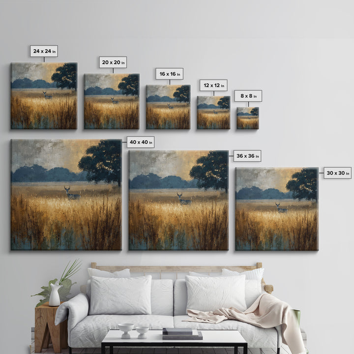 Deer Standing in a Golden Field Framed Canvas Print, Nature Art, Wall Hangings, Living Room Decor, Nature, Stained Glass Art, NAT-1x1-8