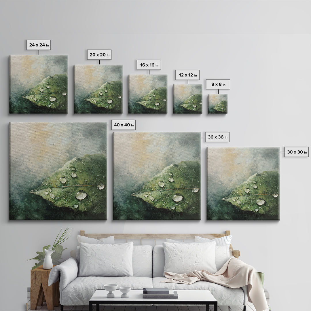 Rain Drops on a Large Green Leaf Canvas Print, Nature Art, Textured Painting, Living Room Decor, Oil Painting, Nature, NAT-1x1-81