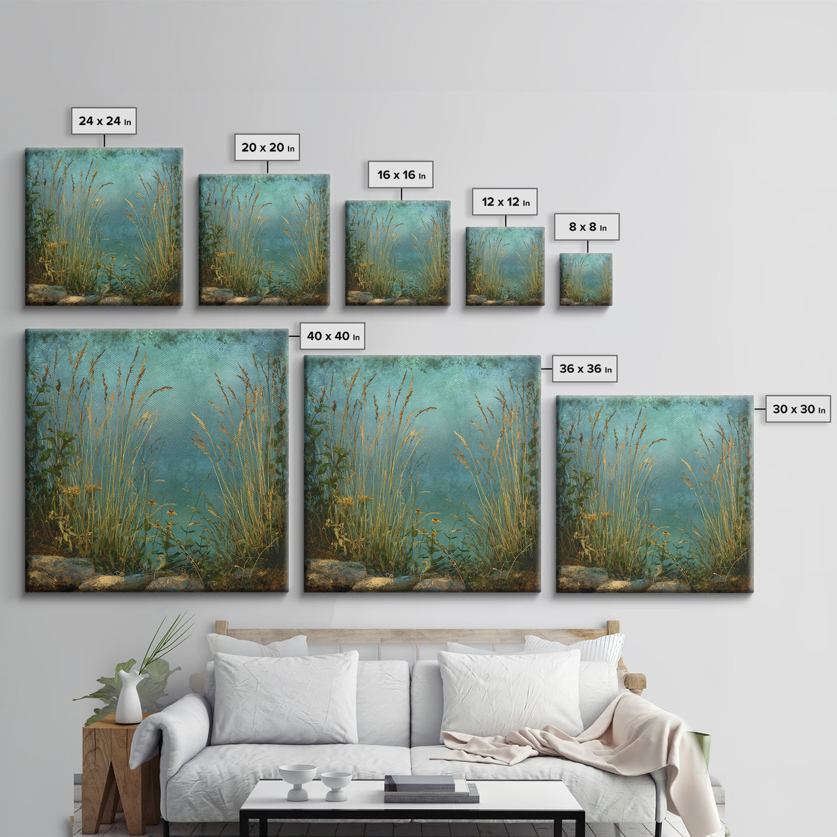 Sunrise Through Tall Grass and Wildflowers Framed Canvas Print, Nature Art, Statement Artwork, Living Room Decor, Oil Painting, NAT-1x1-83