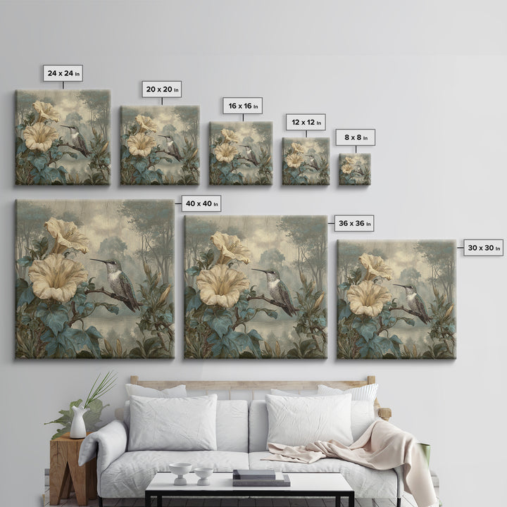Hummingbird Beside Bright Trumpet Flowers Framed Canvas Print, Nature Art, Ocean Art, Living Room Decor, Fine Art, Nature, NAT-1x1-84