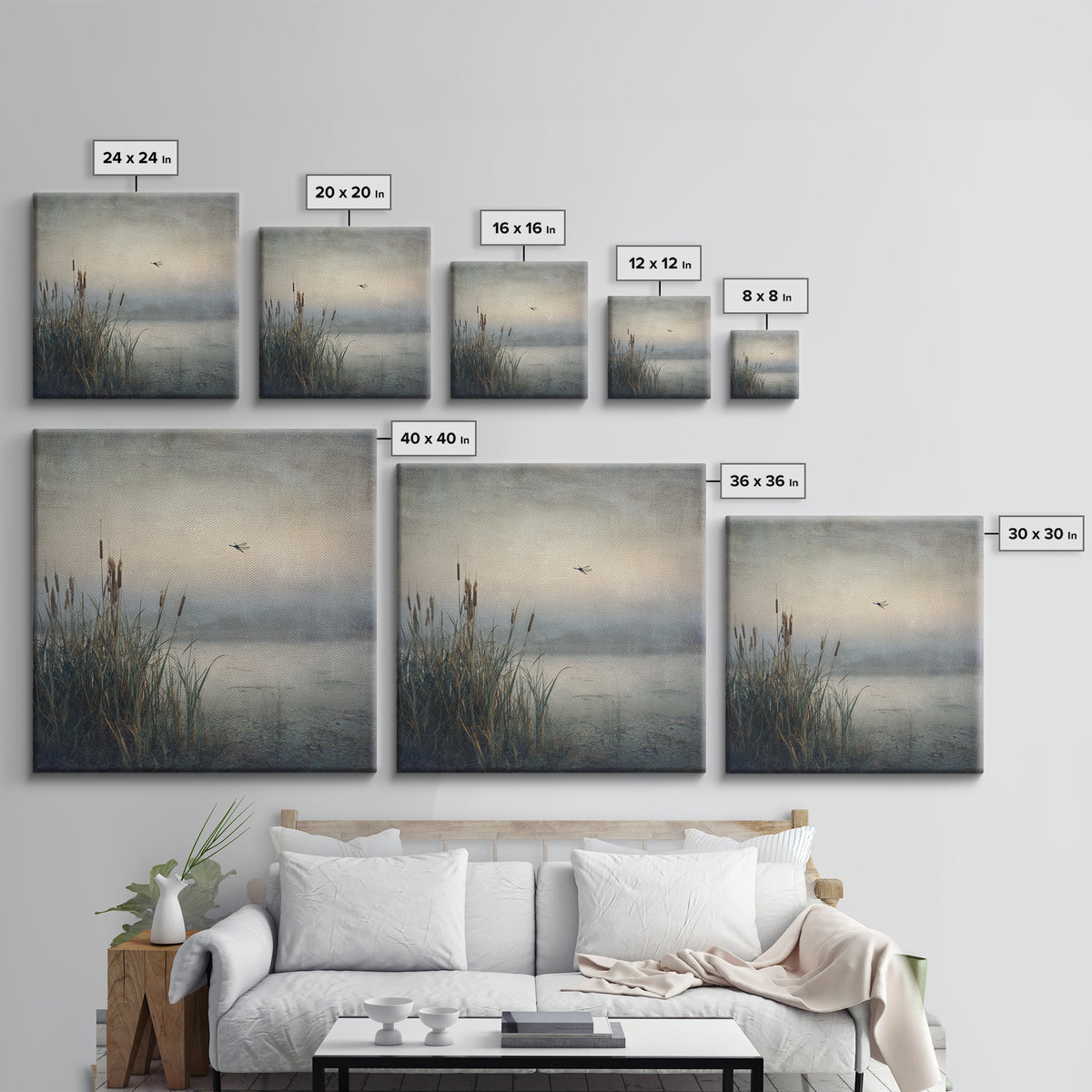 Dragonfly over a Pond with Reeds Canvas Print, Nature Art, Nature Wall Art, Living Room Decor, Fine Art, Nature, NAT-1x1-90