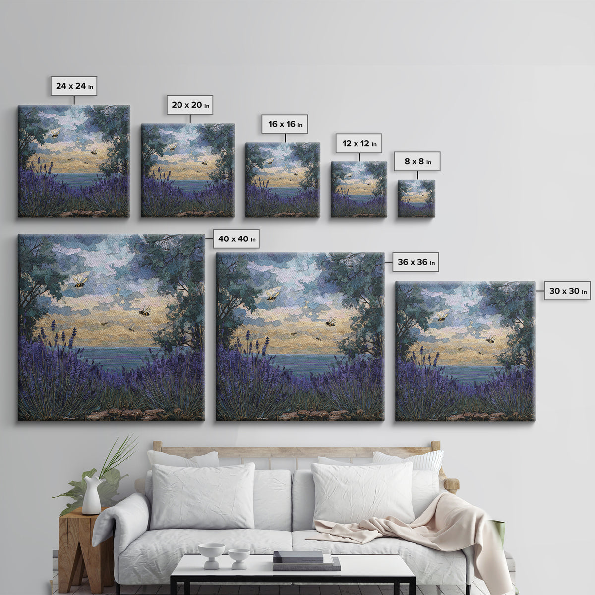 Bees Circling Lavender Blossoms Canvas Print, Nature Art, Neutral Decor, Living Room Decor, Fine Art, Nature, Wall Art, NAT-1x1-95