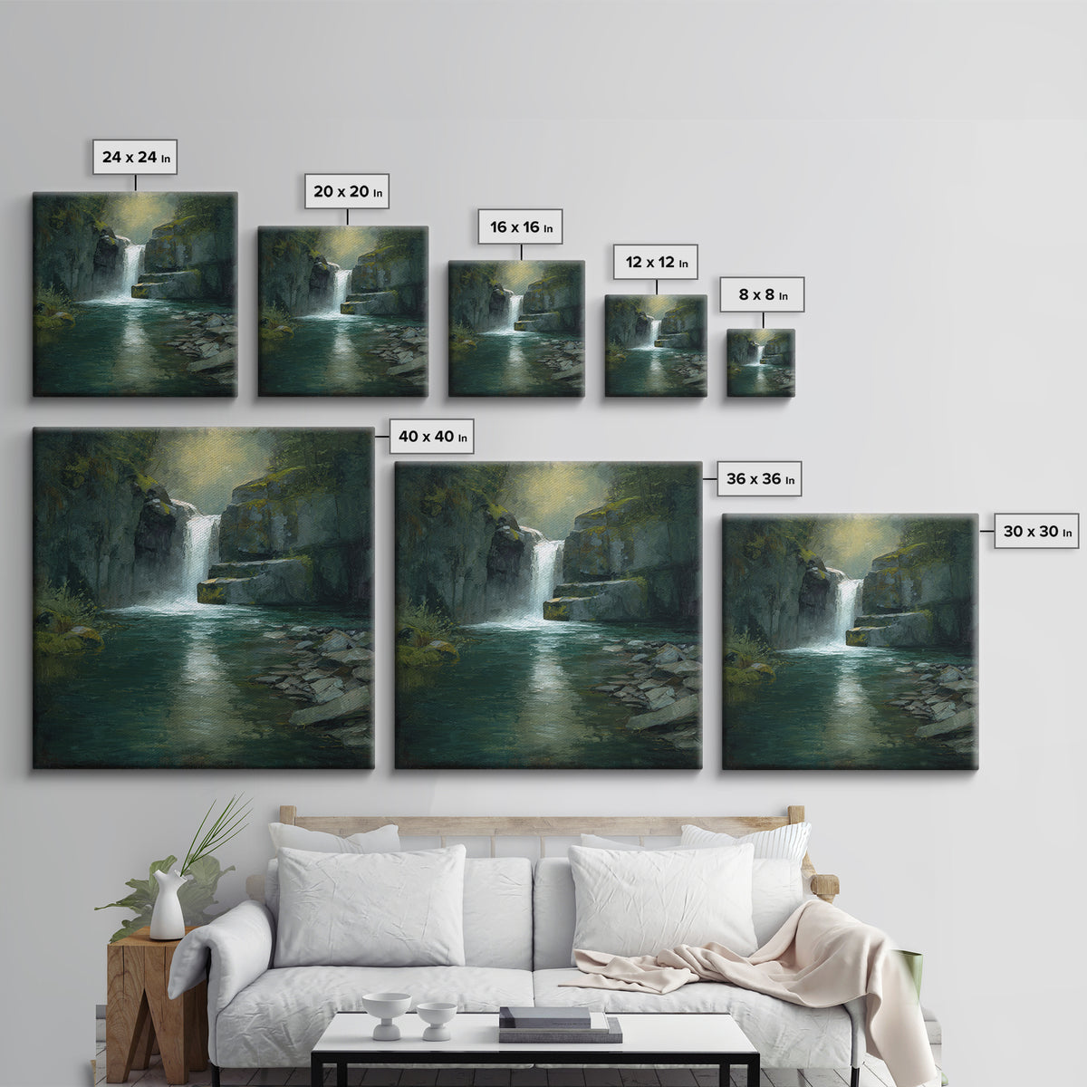 Waterfall Hidden Among Dark Green Rocks Canvas Print, Nature Art, Wall Art, Living Room Decor, Fine Art, Nature, Wood Wall Art, NAT-1x1-99