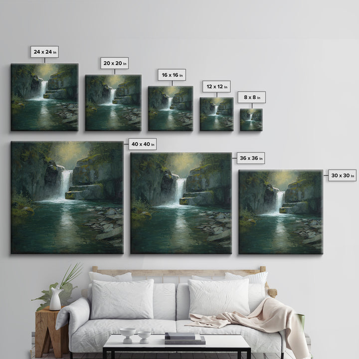 Waterfall Hidden Among Dark Green Rocks Canvas Print, Nature Art, Wall Art, Living Room Decor, Fine Art, Nature, Wood Wall Art, NAT-1x1-99