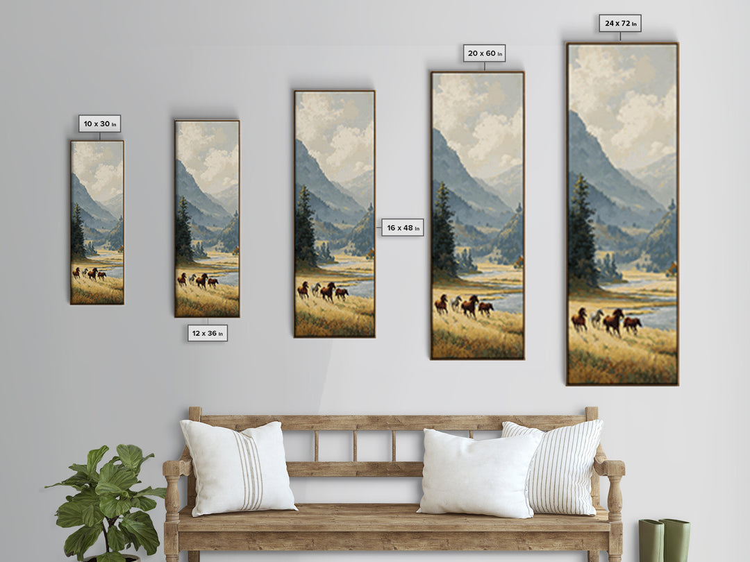 Wild Horses Running Near Mountain Ridge Canvas Print, Nature Art, Living Room Wall Art, Living Room Decor, Fine Art, Nature, NAT-1x3-10