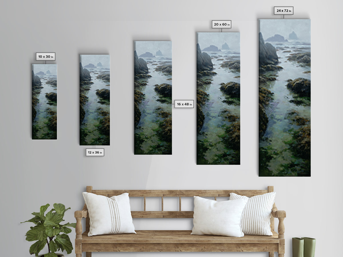 Calm Beach Tide Pooling Around Rocks Canvas Print, Nature Art, Boho Decor, Living Room Decor, Oil Painting, Nature, Wall Decor, NAT-1x3-12