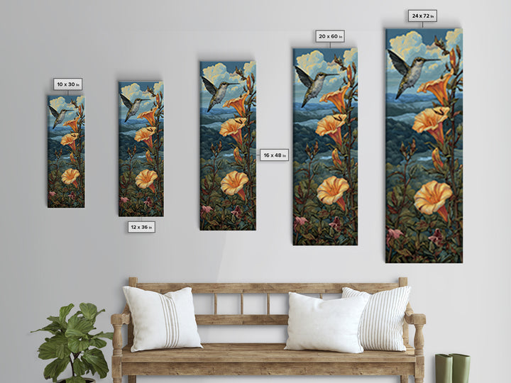 Hummingbird Beside Bright Trumpet Flowers Framed Canvas Print, Nature Art, Art Print, Living Room Decor, Oil Painting, Nature, NAT-1x3-24