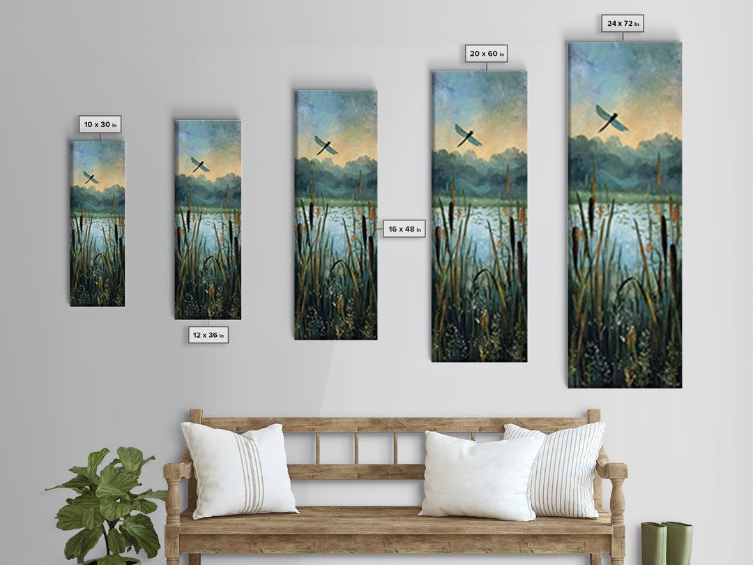 Dragonfly over a Pond with Reeds Framed Canvas Print, Nature Art, Botanical Art, Living Room Decor, Oil Painting, Nature, NAT-1x3-30