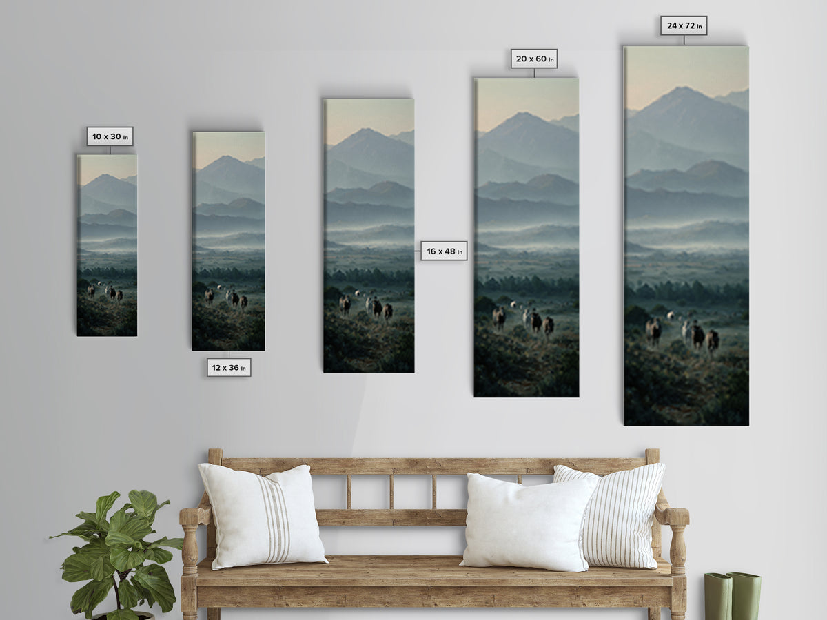 Wild Horses Running Near Mountain Ridge Framed Canvas Print, Nature Art, Digital Download Art, Living Room Decor, NAT-1x3-34