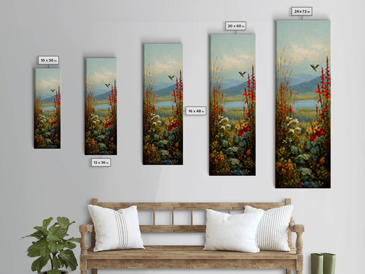 Hummingbird Beside Bright Trumpet Flowers Canvas Print, Nature Art, Wall Art, Living Room Decor, Watercolor Art, Nature, NAT-1x3-48