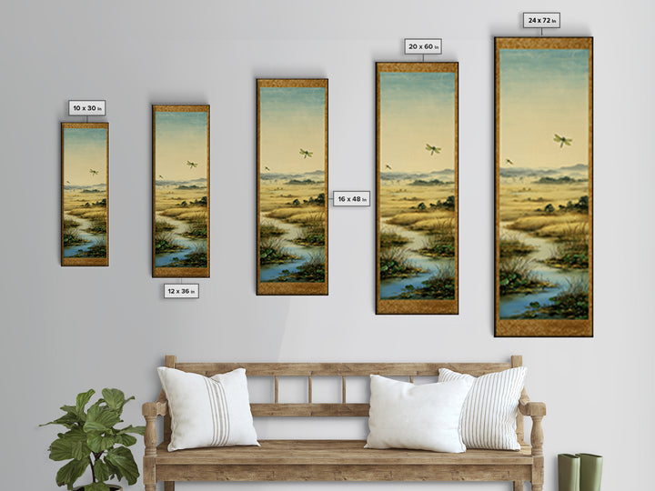 Dragonfly over a Pond with Reeds Framed Canvas Print, Nature Art, Botanical Art, Living Room Decor, Oil Painting, Nature, NAT-1x3-54