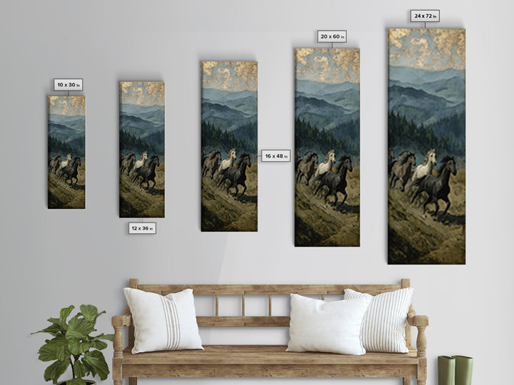 Wild Horses Running Near Mountain Ridge Framed Canvas Print, Nature Art, Digital Download Art, Living Room Decor, NAT-1x3-58