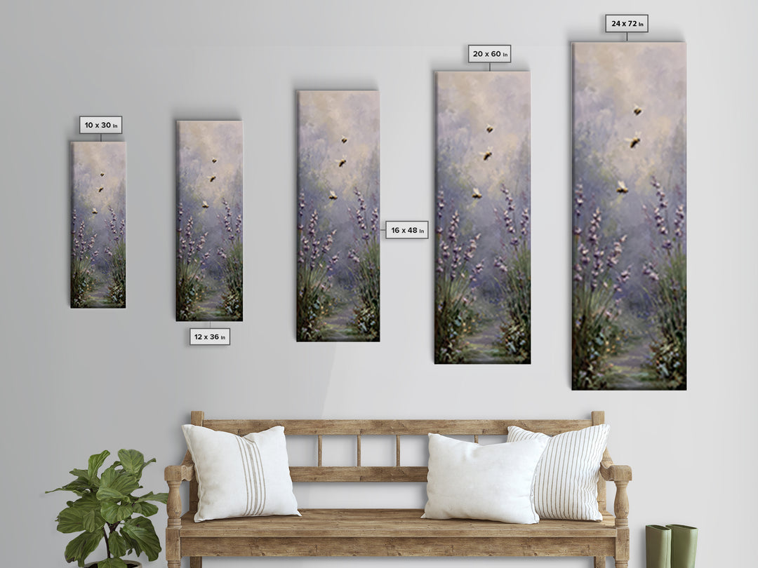 Bees Circling Lavender Blossoms Canvas Print, Nature Art, Framed Art, Living Room Decor, Fine Art, Nature, Botanical Art, NAT-1x3-59