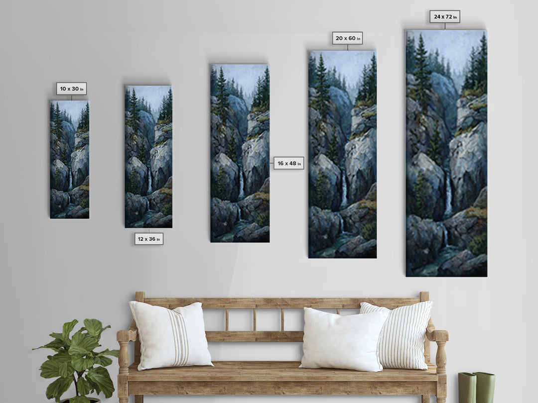 Waterfall Hidden Among Dark Green Rocks Framed Canvas Print, Nature Art, Botanical Art, Living Room Decor, Fine Art, Nature, NAT-1x3-87