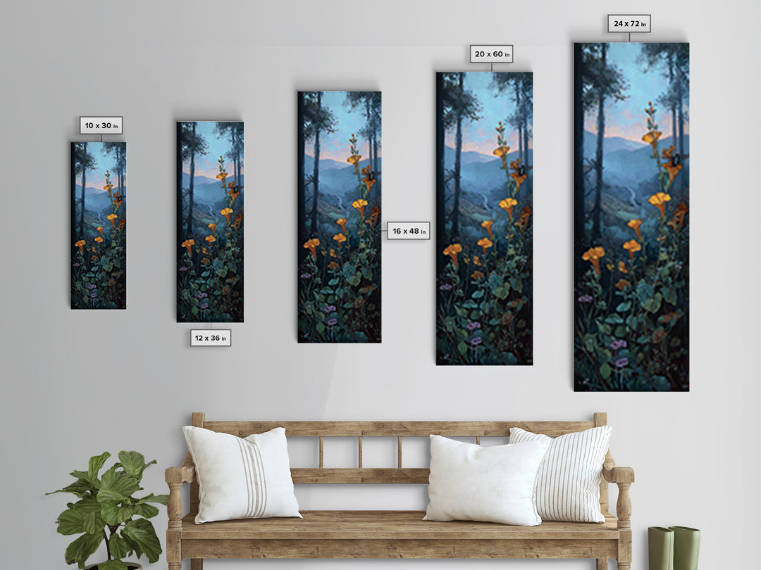 Hummingbird Beside Bright Trumpet Flowers Framed Canvas Print, Nature Art, Modern Wall Art, Living Room Decor, Fine Art, Nature, NAT-1x3-96