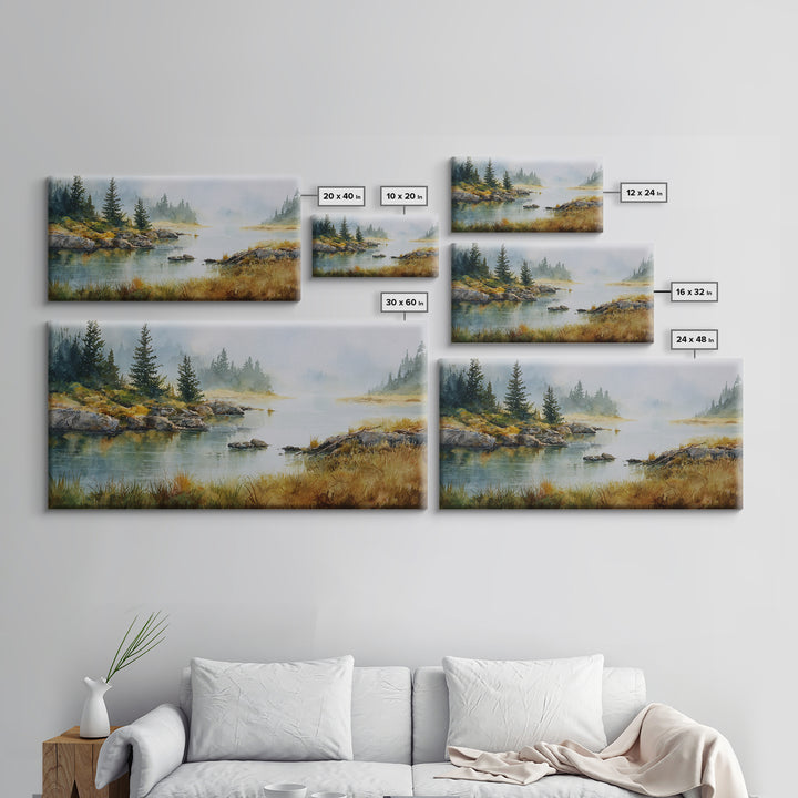 Misty Mountain Lake Framed Canvas Print, Nature Art, Home Decor, Living Room Decor, Oil Painting, Nature, Abstract Wall Art, NAT-2x1-1