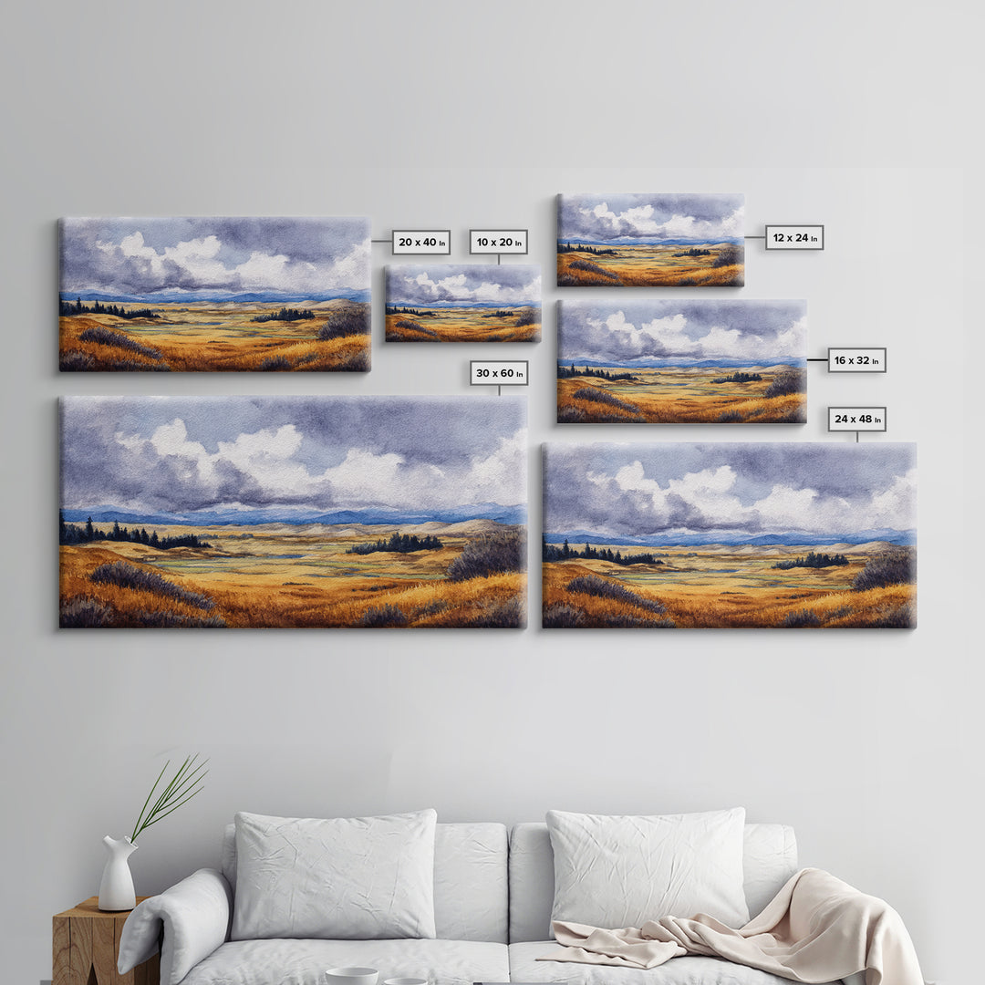 Storm Clouds over a Rolling Prairie Framed Canvas Print, Nature Art, Art Print, Living Room Decor, Fine Art, Nature, NAT-2x1-10