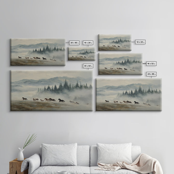 Wild Horses Running Near Mountain Ridge Framed Canvas Print, Nature Art, Statement Artwork, Living Room Decor, Fine Art, Nature, NAT-2x1-18