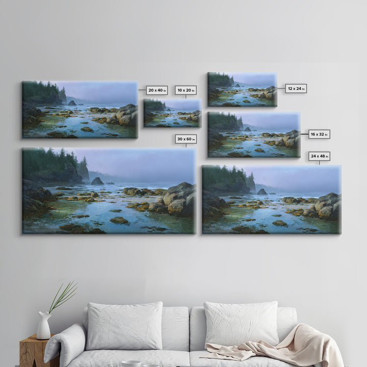 Calm Beach Tide Pooling Around Rocks Framed Canvas Print, Nature Art, Statement Artwork, Living Room Decor, Fine Art, Nature, NAT-2x1-20