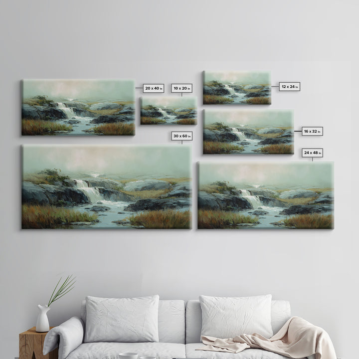 Waterfall Hidden Among Dark Green Rocks Framed Canvas Print, Nature Art, Mushroom, Living Room Decor, Watercolor Art, Nature, NAT-2x1-23