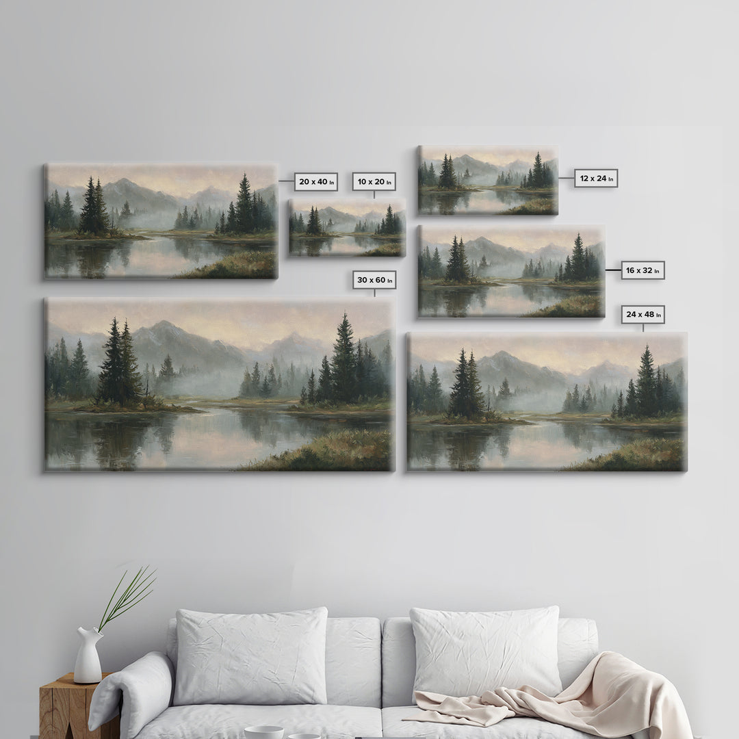 Misty Mountain Lake Framed Canvas Print, Nature Art, Home Decor, Living Room Decor, Oil Painting, Nature, Abstract Wall Art, NAT-2x1-25