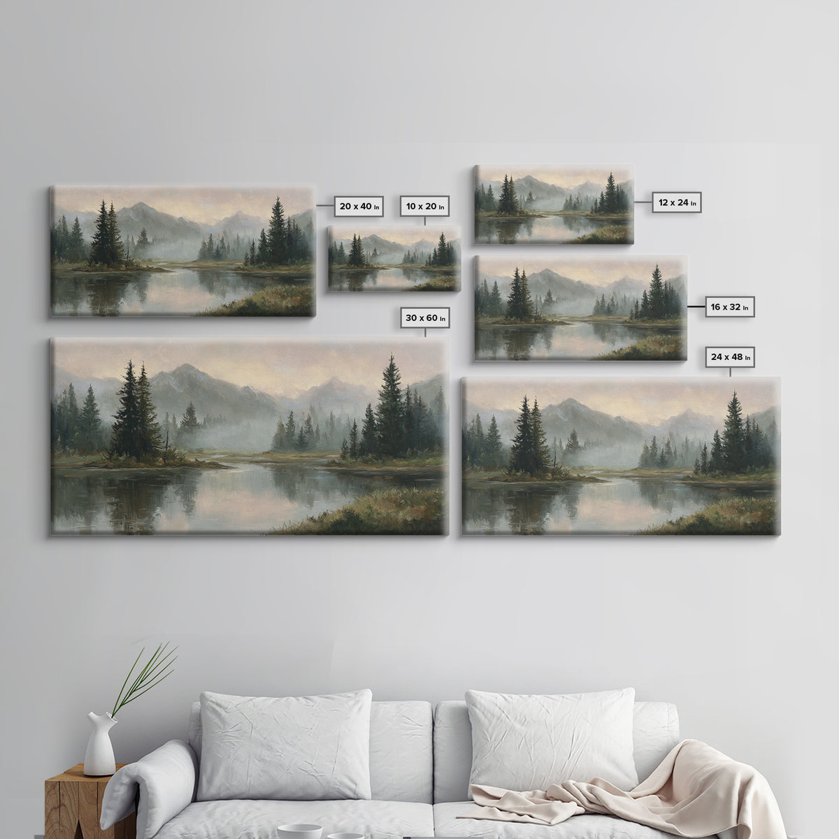 Misty Mountain Lake Framed Canvas Print, Nature Art, Home Decor, Living Room Decor, Oil Painting, Nature, Abstract Wall Art, NAT-2x1-25