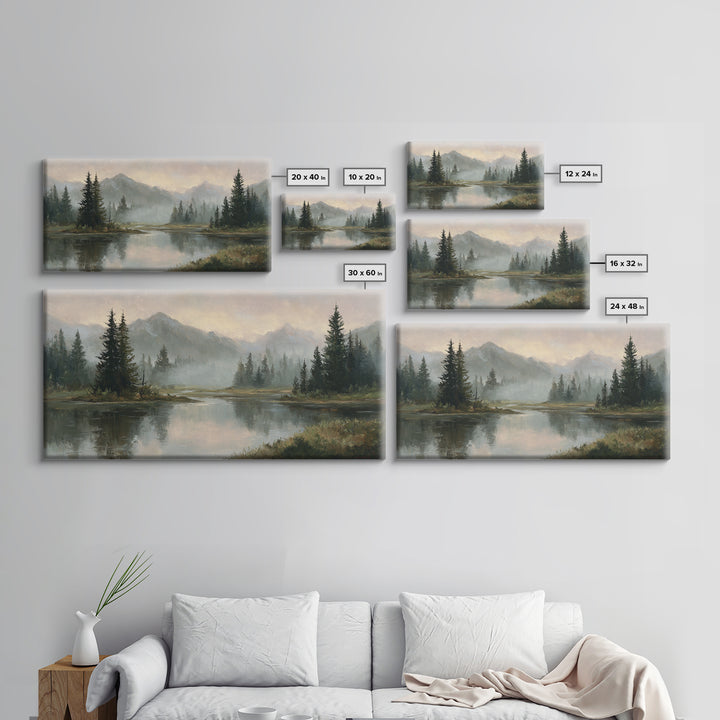 Misty Mountain Lake Framed Canvas Print, Nature Art, Home Decor, Living Room Decor, Oil Painting, Nature, Abstract Wall Art, NAT-2x1-25
