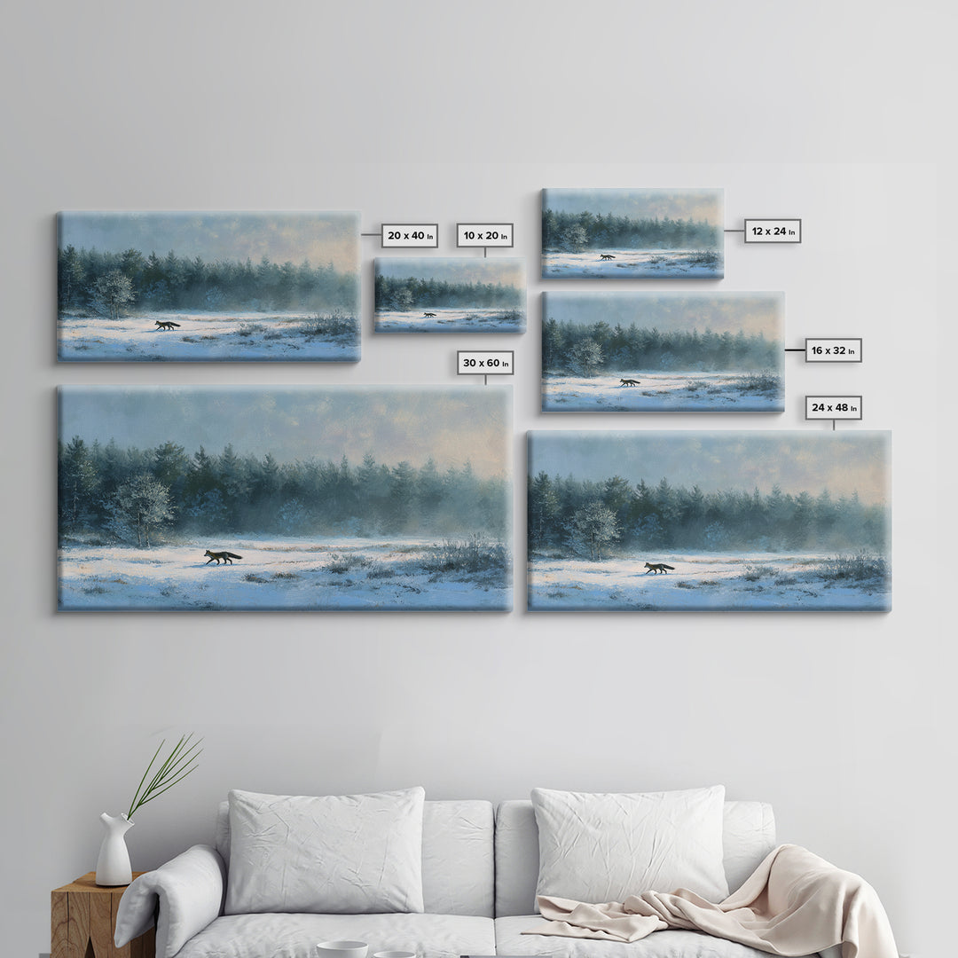 Fox Crossing a Snowy Forest Clearing Framed Canvas Print, Nature Art, Luxury Decor, Living Room Decor, Oil Painting, Nature, NAT-2x1-30