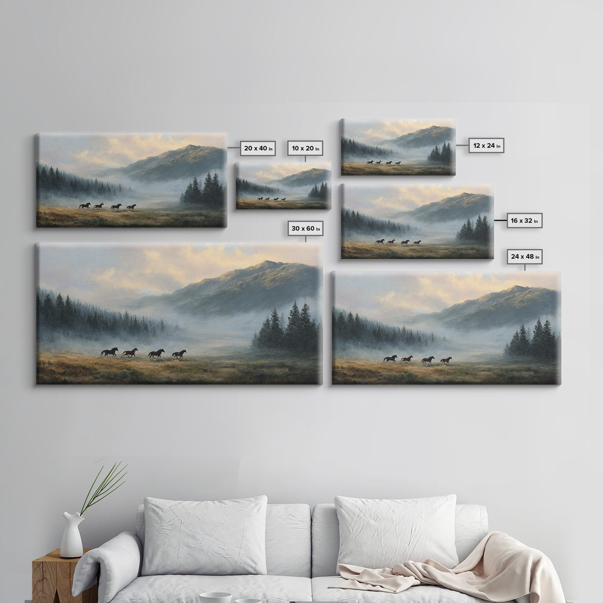 Wild Horses Running Near Mountain Ridge Framed Canvas Print, Nature Art, Statement Artwork, Living Room Decor, Fine Art, Nature, NAT-2x1-42