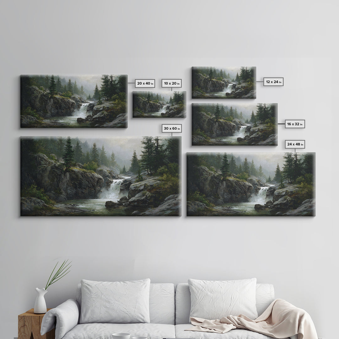 Waterfall Hidden Among Dark Green Rocks Canvas Print, Nature Art, Framed Art, Living Room Decor, Oil Painting, Nature, NAT-2x1-47