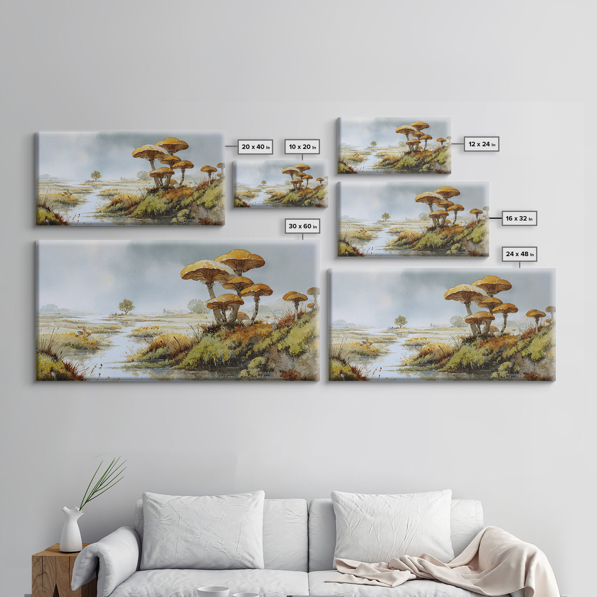 Mushroom Cluster in Enchanted Woodland Framed Canvas Print, Nature Art, Wood Wall Art, Living Room Decor, Watercolor Art, NAT-2x1-51