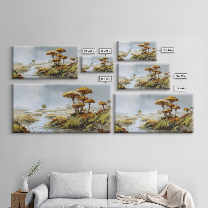 Mushroom Cluster in Enchanted Woodland Framed Canvas Print, Nature Art, Wood Wall Art, Living Room Decor, Watercolor Art, NAT-2x1-51