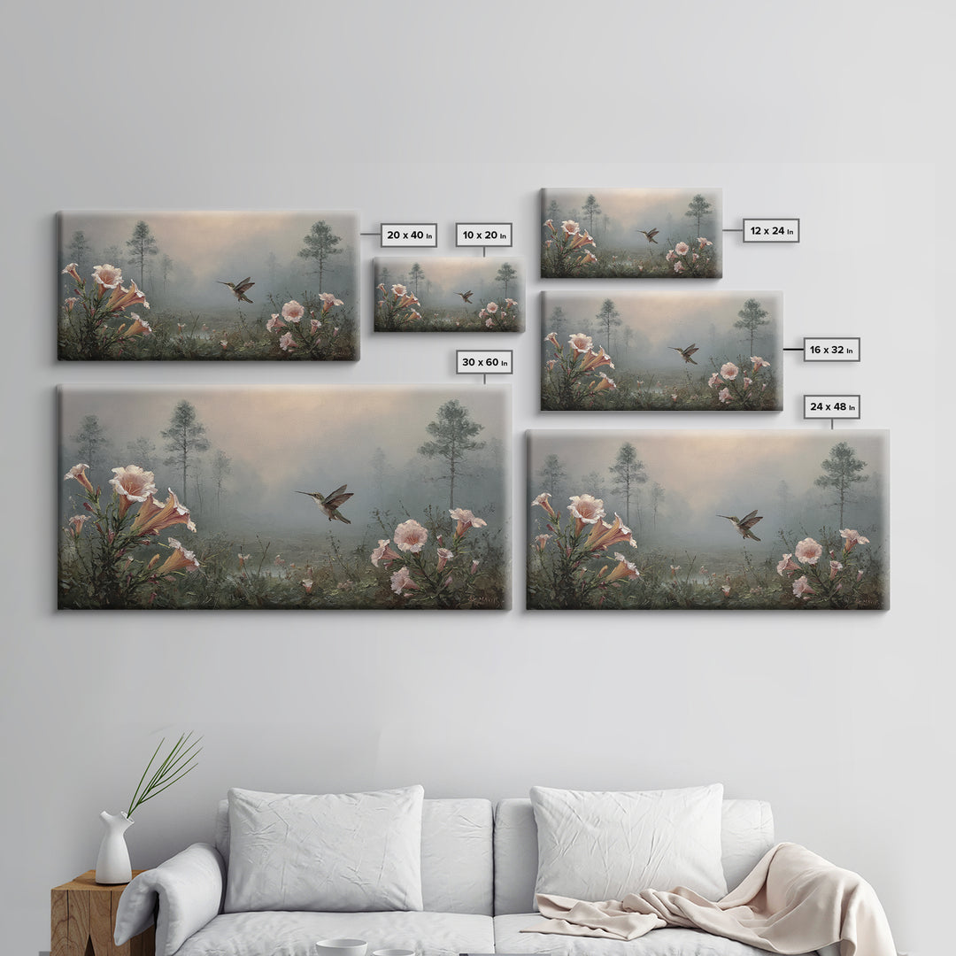 Hummingbird Beside Bright Trumpet Flowers Framed Canvas Print, Nature Art, Painting, Living Room Decor, Fine Art, Nature, NAT-2x1-56