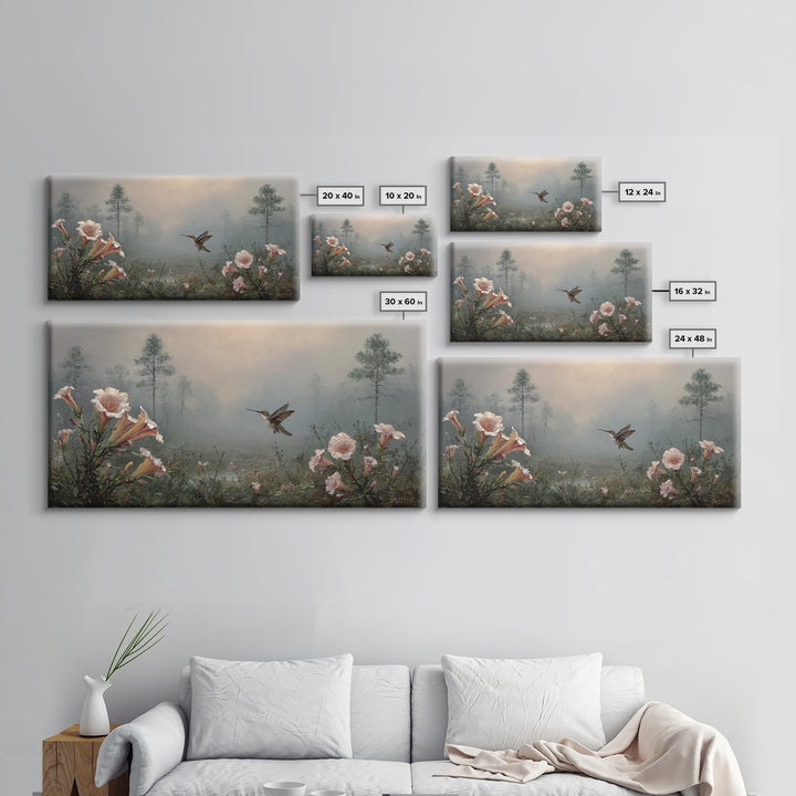 Hummingbird Beside Bright Trumpet Flowers Framed Canvas Print, Nature Art, Painting, Living Room Decor, Fine Art, Nature, NAT-2x1-56