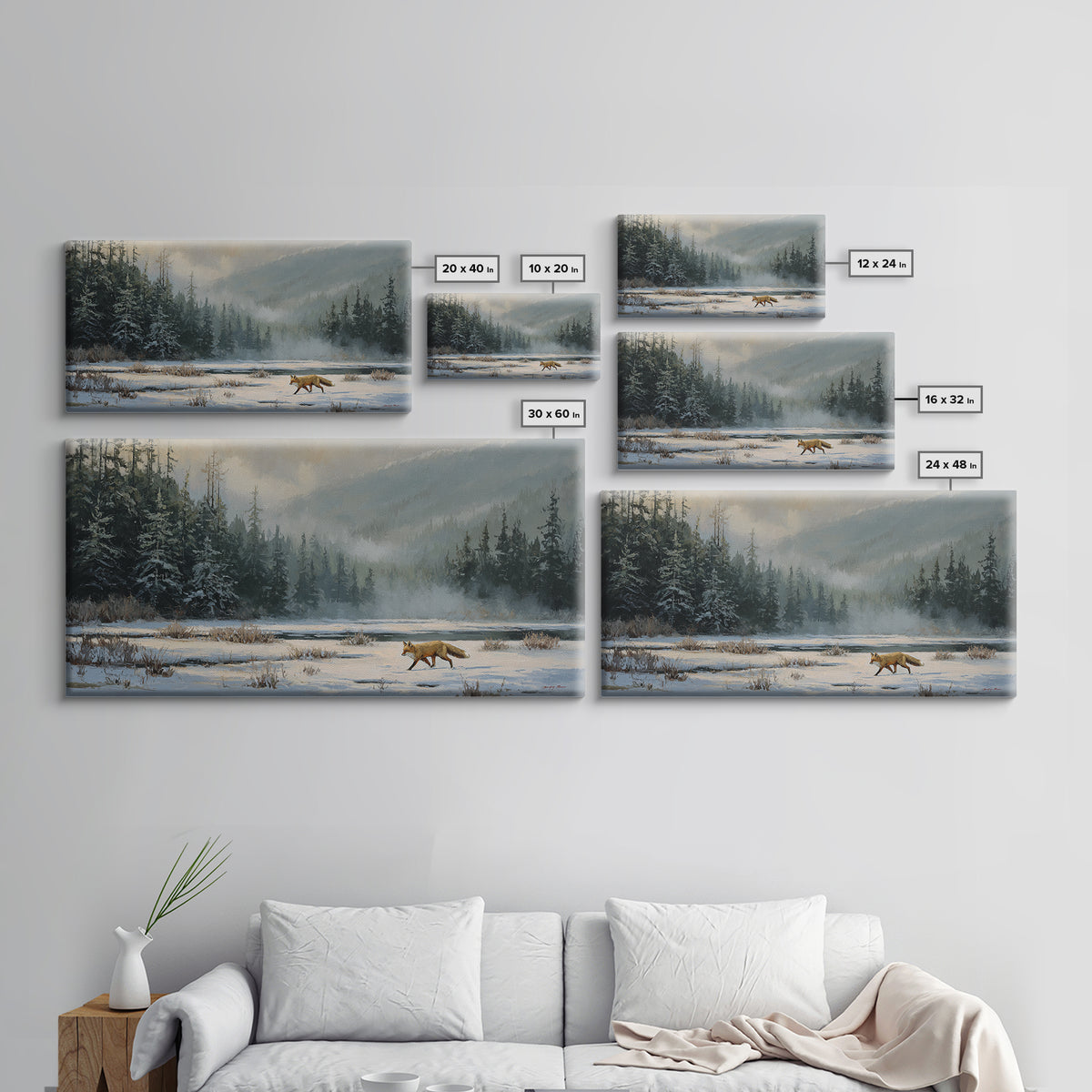 Fox Crossing a Snowy Forest Clearing Framed Canvas Print, Nature Art, Luxury Decor, Living Room Decor, Oil Painting, Nature, NAT-2x1-6