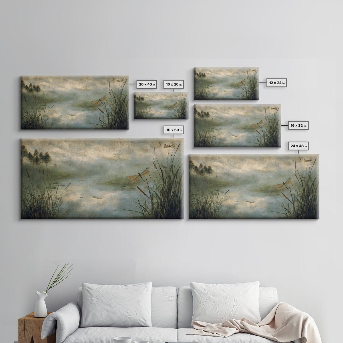 Dragonfly over a Pond with Reeds Canvas Print, Nature Art, Room Decor, Living Room Decor, Oil Painting, Nature, Wall Hangings, NAT-2x1-62