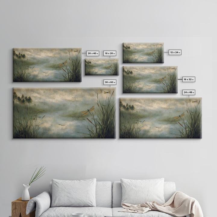 Dragonfly over a Pond with Reeds Canvas Print, Nature Art, Room Decor, Living Room Decor, Oil Painting, Nature, Wall Hangings, NAT-2x1-62