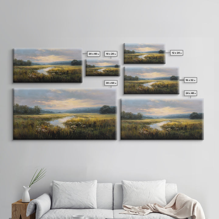 Sunrise Through Tall Grass and Wildflowers Framed Canvas Print, Nature Art, Poster, Living Room Decor, Watercolor Art, Nature, NAT-2x1-7