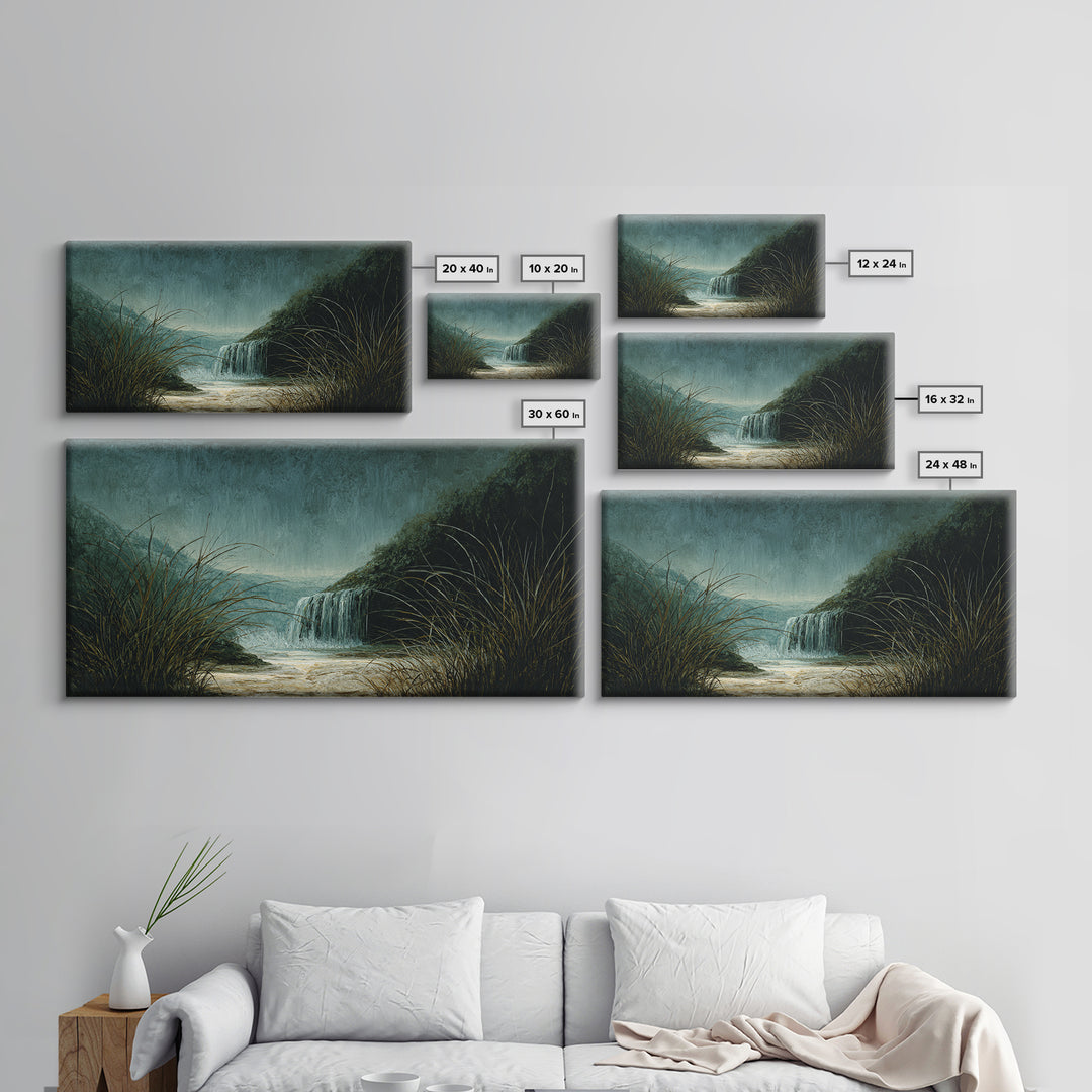 Waterfall Hidden Among Dark Green Rocks Canvas Print, Nature Art, Landscape Art, Living Room Decor, Abstract Art, Nature, NAT-2x1-71