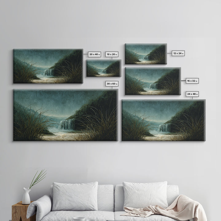 Waterfall Hidden Among Dark Green Rocks Canvas Print, Nature Art, Landscape Art, Living Room Decor, Abstract Art, Nature, NAT-2x1-71