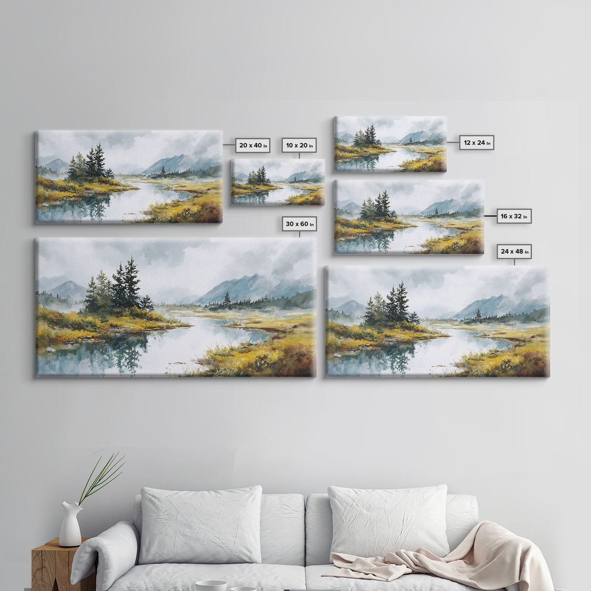Misty Mountain Lake Canvas Print, Nature Art, Printable Wall Art, Living Room Decor, Fine Art, Nature, Living Room Wall Art, NAT-2x1-73