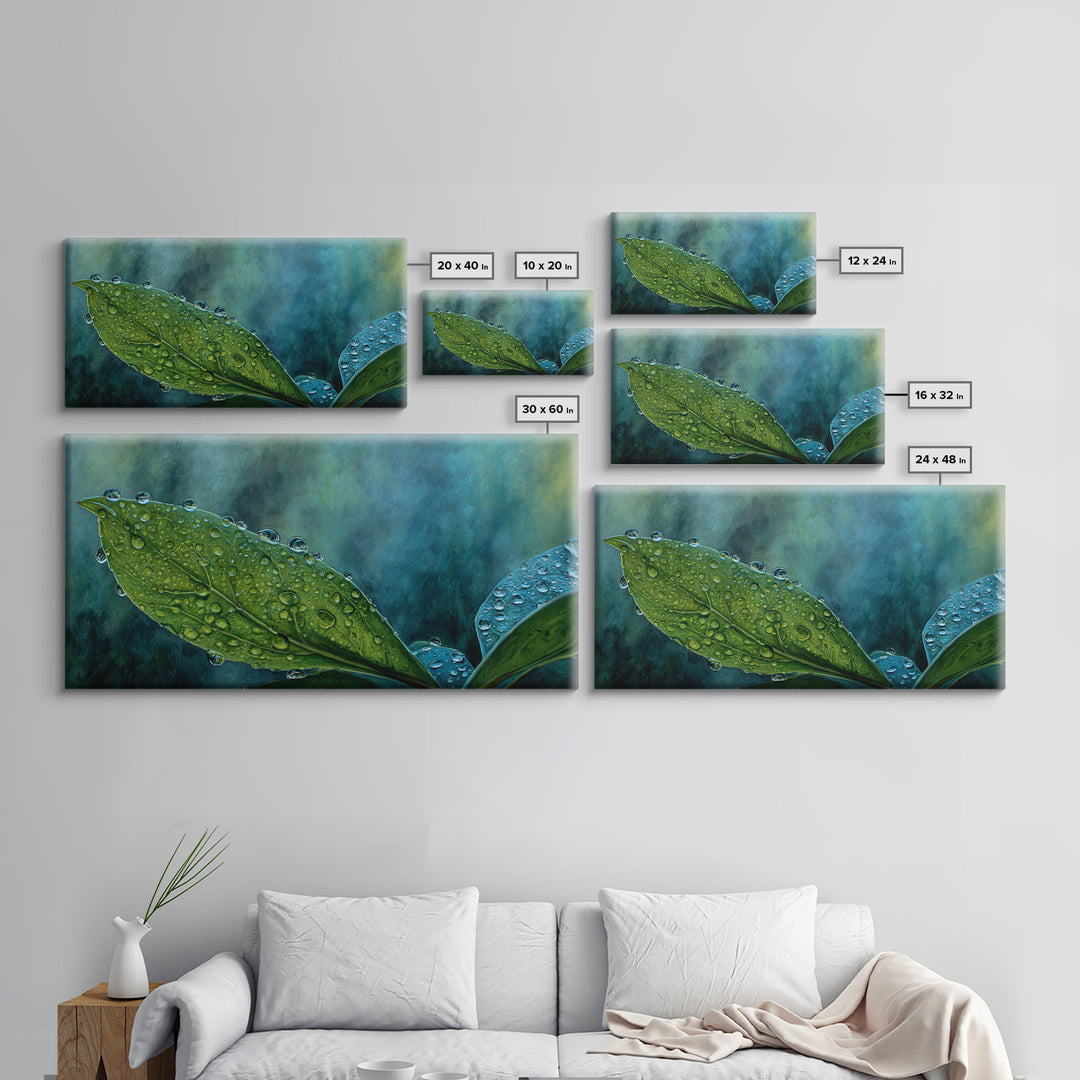 Rain Drops on a Large Green Leaf Canvas Print, Nature Art, Wall Hangings, Living Room Decor, Watercolor Art, Nature, NAT-2x1-77