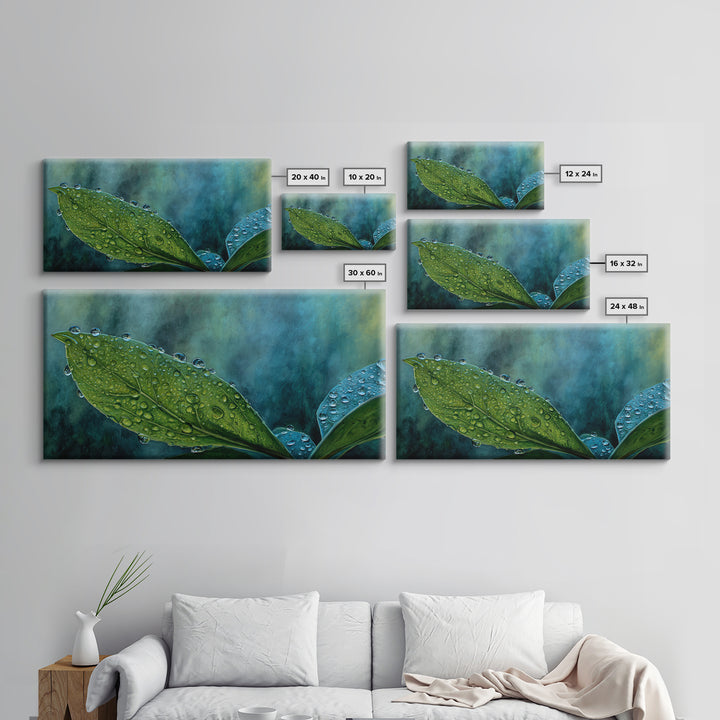 Rain Drops on a Large Green Leaf Canvas Print, Nature Art, Wall Hangings, Living Room Decor, Watercolor Art, Nature, NAT-2x1-77