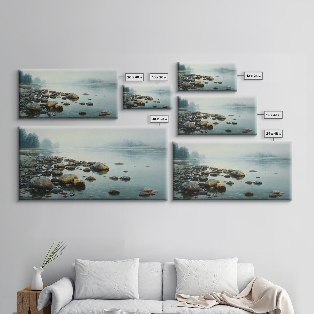River Stones under Clear Shallow Water Framed Canvas Print, Nature Art, Living Room Decor, Watercolor Art, Nature, NAT-2x1-81